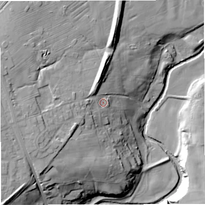 Shaded relief map of the ground around BB67UQ, computed from Environment Agency LiDAR. The ground here sits at about 84 m above sea level and falls 37 m across the surrounding 800 m. Surface water reaching this point runs off ground lying to the west, 14.7 m higher.