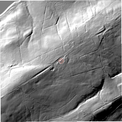 Shaded relief map of the ground around BB67UX, computed from Environment Agency LiDAR. The ground here sits at about 209 m above sea level and falls 72 m across the surrounding 800 m. Surface water reaching this point runs off ground lying to the west-south-west, 28.4 m higher.