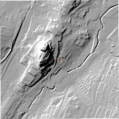 Shaded relief map of the ground around BB71AG, computed from Environment Agency LiDAR. The ground here sits at about 81 m above sea level and falls 47 m across the surrounding 800 m. Surface water reaching this point runs off ground lying to the north-west, 20.1 m higher.