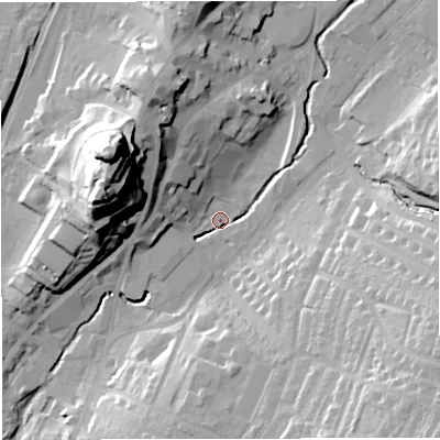 Shaded relief map of the ground around BB71AN, computed from Environment Agency LiDAR. The ground here sits at about 74 m above sea level and falls 48 m across the surrounding 800 m. Surface water reaching this point runs off ground lying to the north-west, 28.2 m higher.