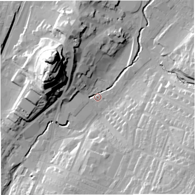 Shaded relief map of the ground around BB71AQ, computed from Environment Agency LiDAR. The ground here sits at about 74 m above sea level and falls 48 m across the surrounding 800 m. Surface water reaching this point runs off ground lying to the south-east, 28.3 m higher.