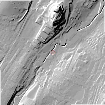 Shaded relief map of the ground around BB71AT, computed from Environment Agency LiDAR. The ground here sits at about 71 m above sea level and falls 49 m across the surrounding 800 m. Surface water reaching this point runs off ground lying to the north, 46.9 m higher.