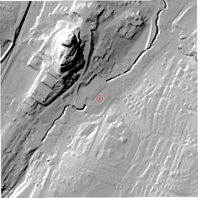 Shaded relief map of the ground around BB71AU, computed from Environment Agency LiDAR. The ground here sits at about 74 m above sea level and falls 48 m across the surrounding 800 m. Surface water reaching this point runs off ground lying to the north-west, 0.9 m higher.