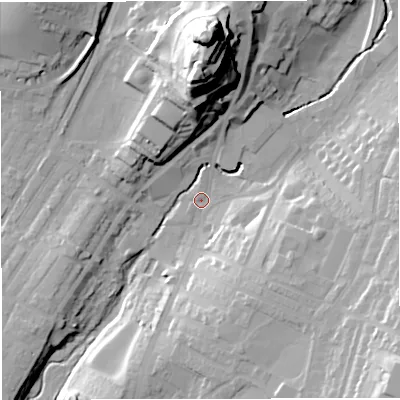 Shaded relief map of the ground around BB71AW, computed from Environment Agency LiDAR. The ground here sits at about 71 m above sea level and falls 49 m across the surrounding 800 m. Surface water reaching this point runs off ground lying to the north, 46.9 m higher.