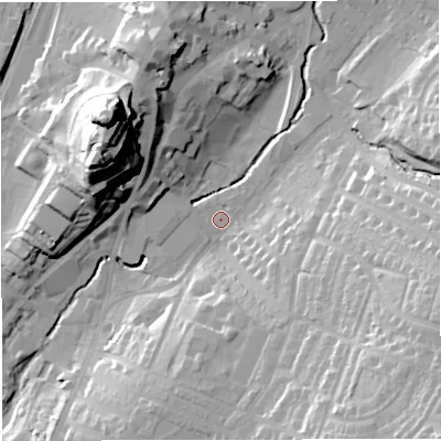 Shaded relief map of the ground around BB71AX, computed from Environment Agency LiDAR. The ground here sits at about 74 m above sea level and falls 48 m across the surrounding 800 m. Surface water reaching this point runs off ground lying to the north-west, 45.7 m higher.
