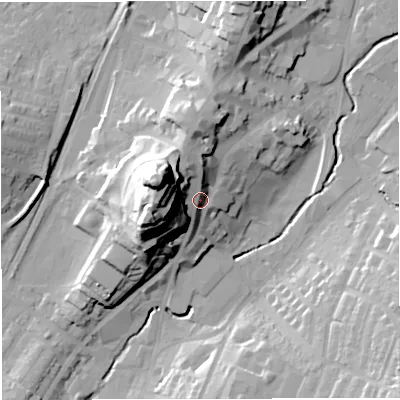 Shaded relief map of the ground around BB71BE, computed from Environment Agency LiDAR. The ground here sits at about 86 m above sea level and falls 47 m across the surrounding 800 m. Surface water reaching this point runs off ground lying to the north-west, 17.4 m higher.