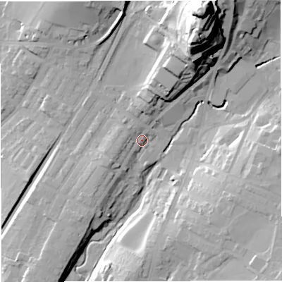 Shaded relief map of the ground around BB71BG, computed from Environment Agency LiDAR. The ground here sits at about 74 m above sea level and falls 49 m across the surrounding 800 m. Surface water reaching this point runs off ground lying to the west-south-west, 3.1 m higher.