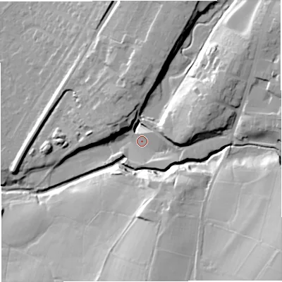 Shaded relief map of the ground around BB71BT, computed from Environment Agency LiDAR. The ground here sits at about 65 m above sea level and falls 40 m across the surrounding 800 m. Surface water reaching this point runs off ground lying to the east, 8.4 m higher.