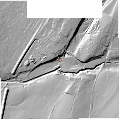 Shaded relief map of the ground around BB71DR, computed from Environment Agency LiDAR. The ground here sits at about 63 m above sea level and falls 39 m across the surrounding 800 m. Surface water reaching this point runs off ground lying to the east-north-east, 20.2 m higher.