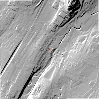 Shaded relief map of the ground around BB71DT, computed from Environment Agency LiDAR. The ground here sits at about 72 m above sea level and falls 42 m across the surrounding 800 m. Surface water reaching this point runs off ground lying to the west, 6.5 m higher.