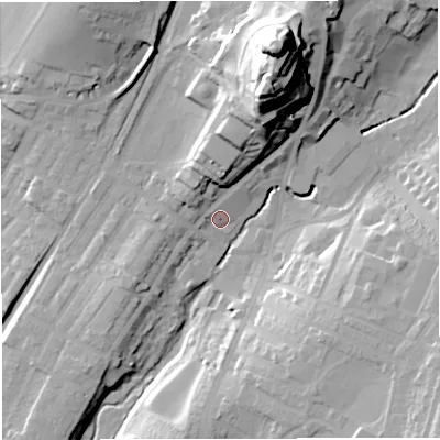 Shaded relief map of the ground around BB71EB, computed from Environment Agency LiDAR. The ground here sits at about 72 m above sea level and falls 49 m across the surrounding 800 m. Surface water reaching this point runs off ground lying to the north-north-east, 33.1 m higher.