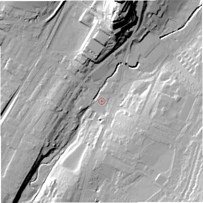 Shaded relief map of the ground around BB71ED, computed from Environment Agency LiDAR. The ground here sits at about 72 m above sea level and falls 49 m across the surrounding 800 m. Surface water reaching this point runs off ground lying to the north, 38.8 m higher.