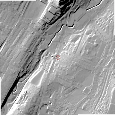 Shaded relief map of the ground around BB71EE, computed from Environment Agency LiDAR. The ground here sits at about 75 m above sea level and falls 40 m across the surrounding 800 m. Surface water reaching this point runs off ground lying to the east-south-east, 10.9 m higher.