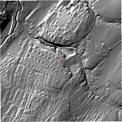 Shaded relief map of the ground around BB71JQ, computed from Environment Agency LiDAR. The ground here sits at about 95 m above sea level and falls 36 m across the surrounding 800 m. Surface water reaching this point runs off ground lying to the south-south-east, 5.8 m higher.