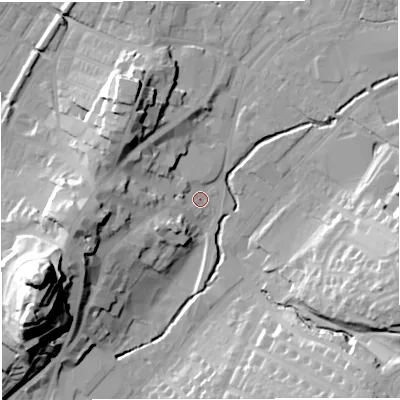 Shaded relief map of the ground around BB71LP, computed from Environment Agency LiDAR. The ground here sits at about 76 m above sea level and falls 46 m across the surrounding 800 m. Surface water reaching this point runs off ground lying to the north-west, 18.3 m higher.