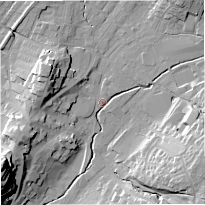 Shaded relief map of the ground around BB71LR, computed from Environment Agency LiDAR. The ground here sits at about 75 m above sea level and falls 45 m across the surrounding 800 m. Surface water reaching this point runs off ground lying to the west-north-west, 20.5 m higher.