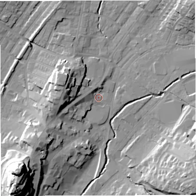 Shaded relief map of the ground around BB71LS, computed from Environment Agency LiDAR. The ground here sits at about 76 m above sea level and falls 45 m across the surrounding 800 m. Surface water reaching this point runs off ground lying to the west-north-west, 4.7 m higher.