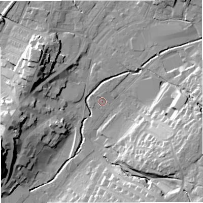 Shaded relief map of the ground around BB71LU, computed from Environment Agency LiDAR. The ground here sits at about 75 m above sea level and falls 28 m across the surrounding 800 m. Surface water reaching this point runs off ground lying to the north-north-east, 1.4 m higher.