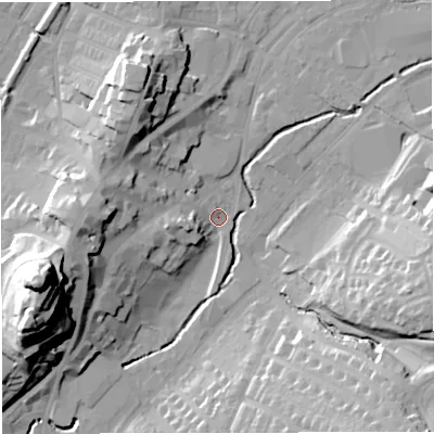 Shaded relief map of the ground around BB71LY, computed from Environment Agency LiDAR. The ground here sits at about 75 m above sea level and falls 47 m across the surrounding 800 m. Surface water reaching this point runs off ground lying to the west-south-west, 6.5 m higher.
