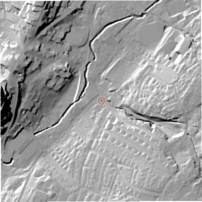 Shaded relief map of the ground around BB71LZ, computed from Environment Agency LiDAR. The ground here sits at about 76 m above sea level and falls 40 m across the surrounding 800 m. Surface water reaching this point runs off ground lying to the south-east, 24.5 m higher.