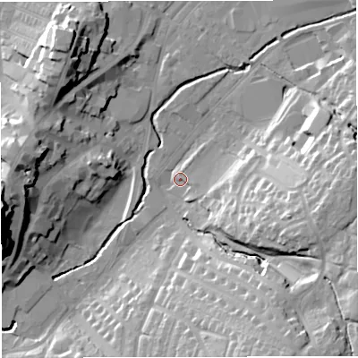 Shaded relief map of the ground around BB71NA, computed from Environment Agency LiDAR. The ground here sits at about 76 m above sea level and falls 30 m across the surrounding 800 m. Surface water reaching this point runs off ground lying to the south-east, 25.1 m higher.