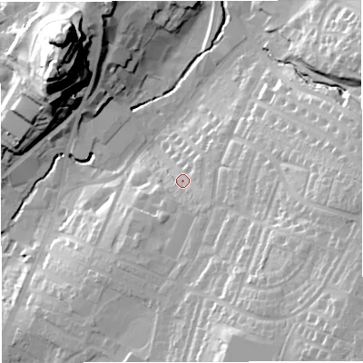 Shaded relief map of the ground around BB71NE, computed from Environment Agency LiDAR. The ground here sits at about 80 m above sea level and falls 47 m across the surrounding 800 m. Surface water reaching this point runs off ground lying to the south-east, 23.1 m higher.