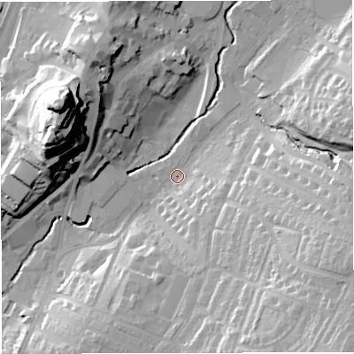 Shaded relief map of the ground around BB71NF, computed from Environment Agency LiDAR. The ground here sits at about 74 m above sea level and falls 47 m across the surrounding 800 m. Surface water reaching this point runs off ground lying to the south-east, 26.6 m higher.