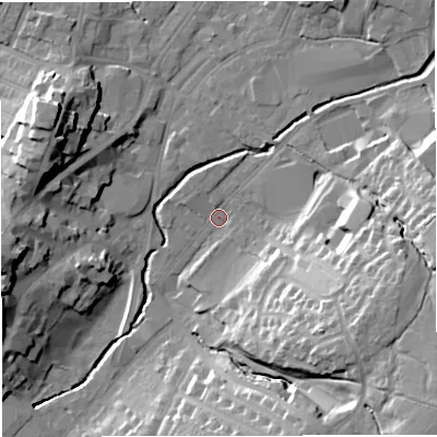 Shaded relief map of the ground around BB71NL, computed from Environment Agency LiDAR. The ground here sits at about 75 m above sea level and falls 28 m across the surrounding 800 m. Surface water reaching this point runs off ground lying to the south-east, 24.5 m higher.