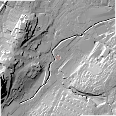 Shaded relief map of the ground around BB71NN, computed from Environment Agency LiDAR. The ground here sits at about 75 m above sea level and falls 39 m across the surrounding 800 m. Surface water reaching this point runs off ground lying to the south-east, 23.5 m higher.