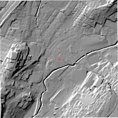 Shaded relief map of the ground around BB71NR, computed from Environment Agency LiDAR. The ground here sits at about 76 m above sea level and falls 28 m across the surrounding 800 m. Surface water reaching this point runs off ground lying to the east-south-east, 1.1 m higher.