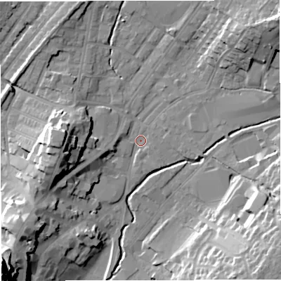 Shaded relief map of the ground around BB71NS, computed from Environment Agency LiDAR. The ground here sits at about 76 m above sea level and falls 39 m across the surrounding 800 m. Surface water reaching this point runs off ground lying to the north-east, 18.4 m higher.