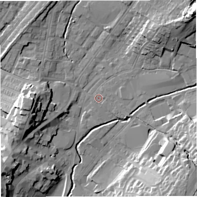 Shaded relief map of the ground around BB71NT, computed from Environment Agency LiDAR. The ground here sits at about 76 m above sea level and falls 28 m across the surrounding 800 m. Surface water reaching this point runs off ground lying to the east, 2.4 m higher.