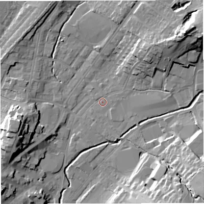 Shaded relief map of the ground around BB71NU, computed from Environment Agency LiDAR. The ground here sits at about 77 m above sea level and falls 29 m across the surrounding 800 m. Surface water reaching this point runs off ground lying to the north-east, 12.7 m higher.