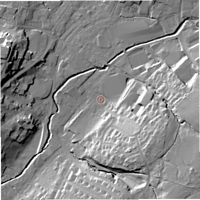 Shaded relief map of the ground around BB71NW, computed from Environment Agency LiDAR. The ground here sits at about 76 m above sea level and falls 28 m across the surrounding 800 m. Surface water reaching this point runs off ground lying to the east-south-east, 20.3 m higher.