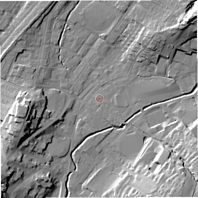 Shaded relief map of the ground around BB71NY, computed from Environment Agency LiDAR. The ground here sits at about 77 m above sea level and falls 29 m across the surrounding 800 m. Surface water reaching this point runs off ground lying to the north-east, 19.1 m higher.