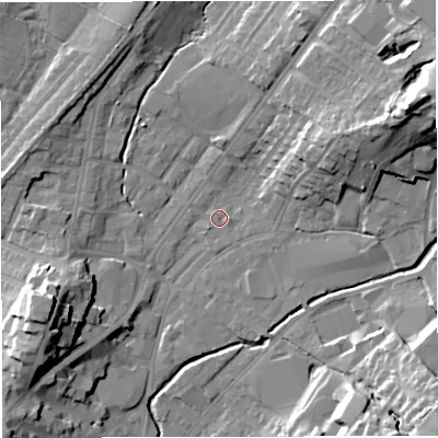 Shaded relief map of the ground around BB71PA, computed from Environment Agency LiDAR. The ground here sits at about 77 m above sea level and falls 29 m across the surrounding 800 m. Surface water reaching this point runs off ground lying to the east-north-east, 25.6 m higher.