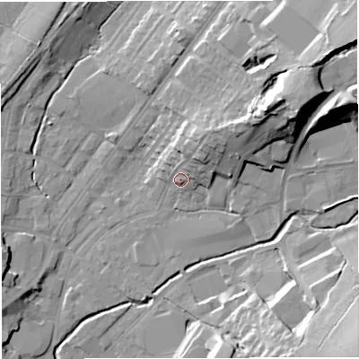 Shaded relief map of the ground around BB71PE, computed from Environment Agency LiDAR. The ground here sits at about 81 m above sea level and falls 31 m across the surrounding 800 m. Surface water reaching this point runs off ground lying to the north-east, 10.2 m higher.