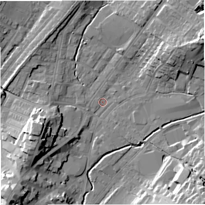 Shaded relief map of the ground around BB71PG, computed from Environment Agency LiDAR. The ground here sits at about 76 m above sea level and falls 23 m across the surrounding 800 m. Surface water reaching this point runs off ground lying to the east-north-east, 20.0 m higher.
