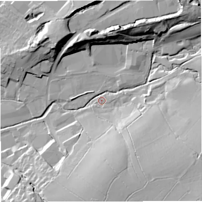 Shaded relief map of the ground around BB71PL, computed from Environment Agency LiDAR. The ground here sits at about 82 m above sea level and falls 31 m across the surrounding 800 m. Surface water reaching this point runs off ground lying to the north-east, 26.7 m higher.
