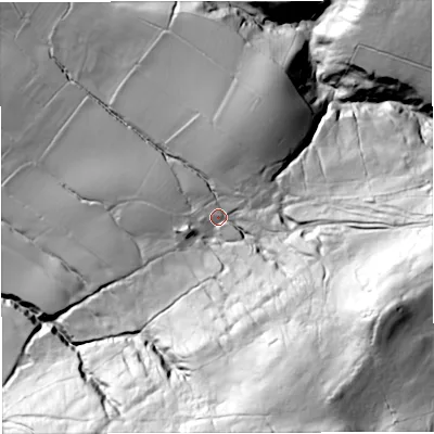 Shaded relief map of the ground around BB71PS, computed from Environment Agency LiDAR. The ground here sits at about 199 m above sea level and falls 146 m across the surrounding 800 m. Surface water reaching this point runs off ground lying to the south-south-east, 99.9 m higher.