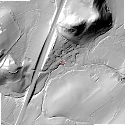 Shaded relief map of the ground around BB71QA, computed from Environment Agency LiDAR. The ground here sits at about 108 m above sea level and falls 50 m across the surrounding 800 m. Surface water reaching this point runs off ground lying to the north-east, 46.3 m higher.