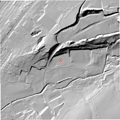 Shaded relief map of the ground around BB71QD, computed from Environment Agency LiDAR. The ground here sits at about 83 m above sea level and falls 33 m across the surrounding 800 m. Surface water reaching this point runs off ground lying to the north-north-east, 16.3 m higher.