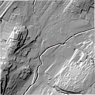 Shaded relief map of the ground around BB71QQ, computed from Environment Agency LiDAR. The ground here sits at about 76 m above sea level and falls 25 m across the surrounding 800 m. Surface water reaching this point runs off ground lying to the west-north-west, 20.5 m higher.