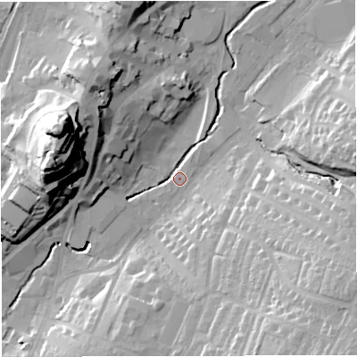Shaded relief map of the ground around BB71RA, computed from Environment Agency LiDAR. The ground here sits at about 74 m above sea level and falls 47 m across the surrounding 800 m. Surface water reaching this point runs off ground lying to the north-north-east, 4.3 m higher.