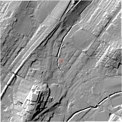 Shaded relief map of the ground around BB72AL, computed from Environment Agency LiDAR. The ground here sits at about 77 m above sea level and falls 20 m across the surrounding 800 m. Surface water reaching this point runs off ground lying to the north-north-east, 12.3 m higher.