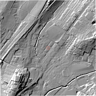 Shaded relief map of the ground around BB72AN, computed from Environment Agency LiDAR. The ground here sits at about 77 m above sea level and falls 22 m across the surrounding 800 m. Surface water reaching this point runs off ground lying to the north-east, 15.0 m higher.