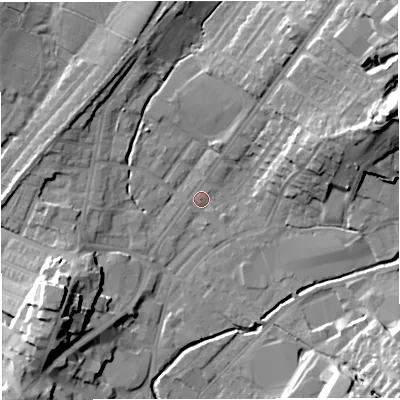 Shaded relief map of the ground around BB72AP, computed from Environment Agency LiDAR. The ground here sits at about 77 m above sea level and falls 27 m across the surrounding 800 m. Surface water reaching this point runs off ground lying to the east-north-east, 23.0 m higher.