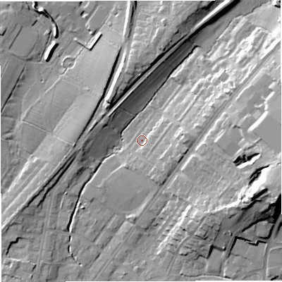 Shaded relief map of the ground around BB72BG, computed from Environment Agency LiDAR. The ground here sits at about 80 m above sea level and falls 27 m across the surrounding 800 m. Surface water reaching this point runs off ground lying to the east, 3.2 m higher.