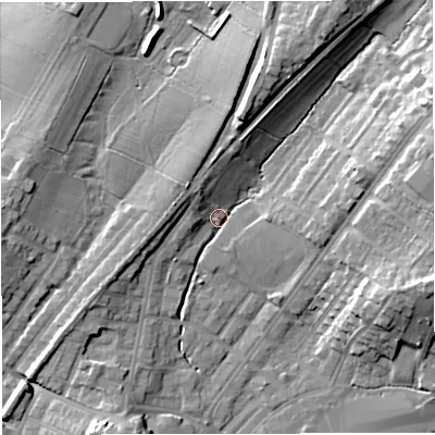 Shaded relief map of the ground around BB72BN, computed from Environment Agency LiDAR. The ground here sits at about 79 m above sea level and falls 17 m across the surrounding 800 m. Surface water reaching this point runs off ground lying to the east-north-east, 13.6 m higher.
