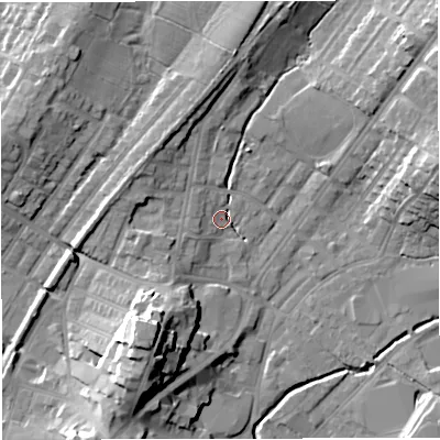 Shaded relief map of the ground around BB72BP, computed from Environment Agency LiDAR. The ground here sits at about 77 m above sea level and falls 20 m across the surrounding 800 m. Surface water reaching this point runs off ground lying to the south-west, 8.3 m higher.